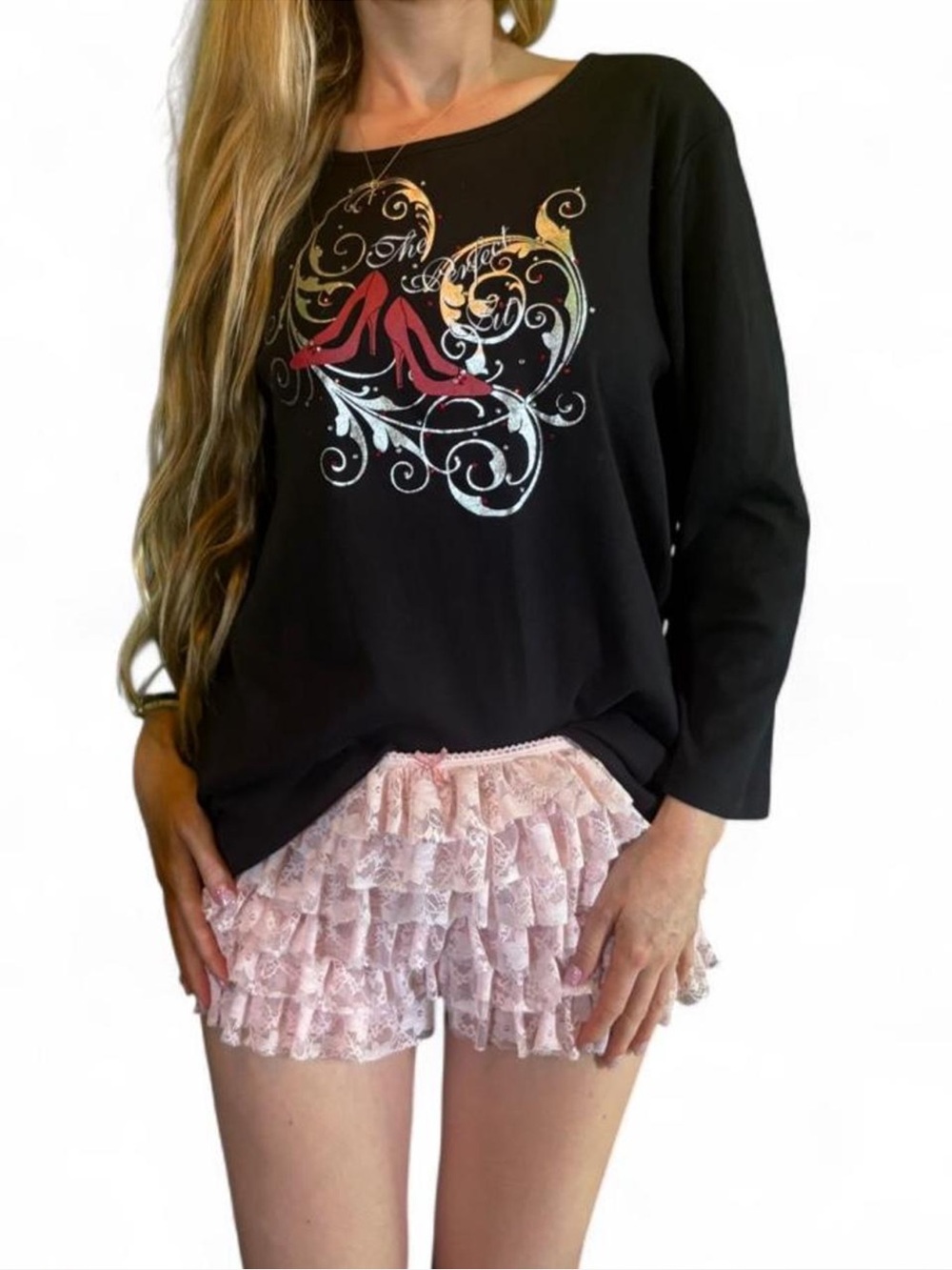 Black 3/4 long sleeve cotton top with red heels graphic XL